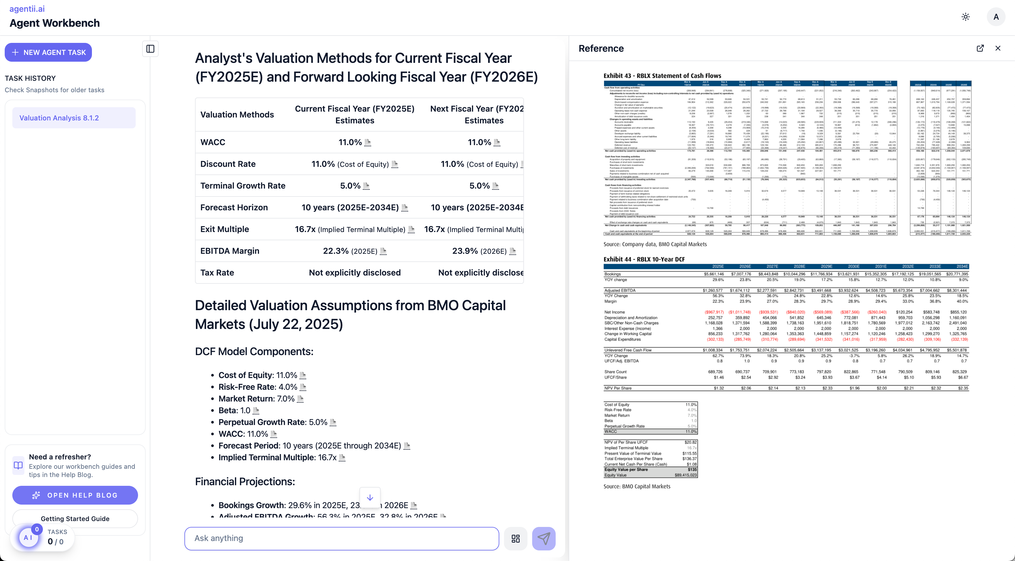 Agent Workbench interface showing multi-source financial analysis with tabular data, citations, and interactive dashboards